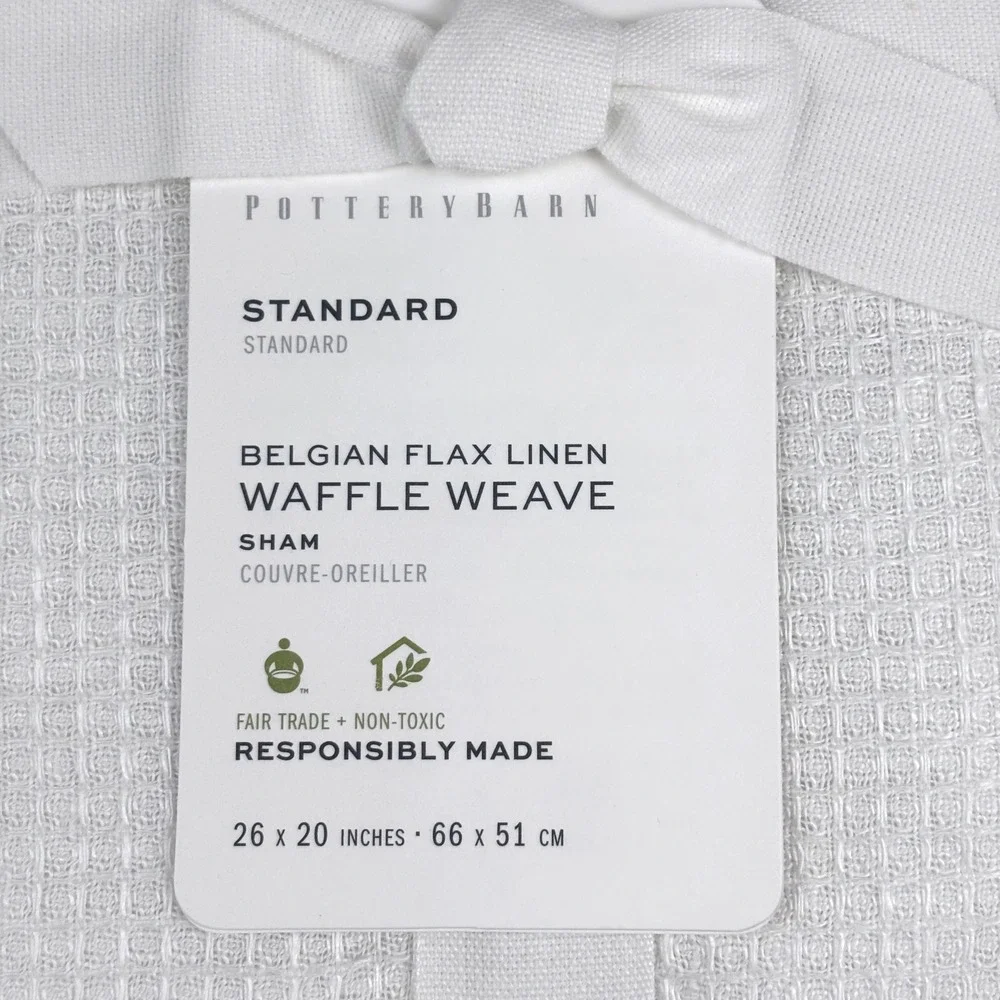 2 Pottery Barn Belgian Flax Linen Waffle Weave STANDARD Pillow Shams White